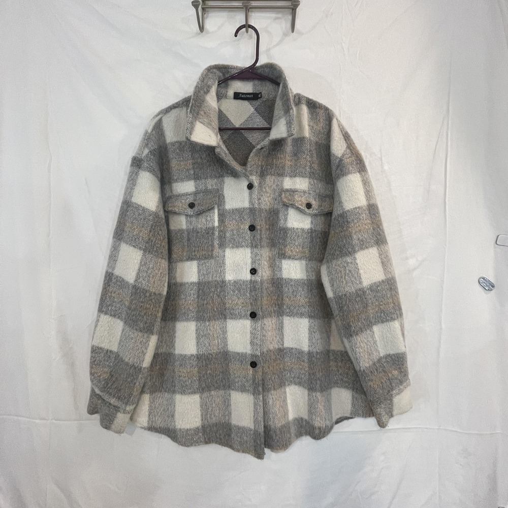 Automet Jacket Womens XL Gray White Plaid Shacket Button Front Flap Pockets